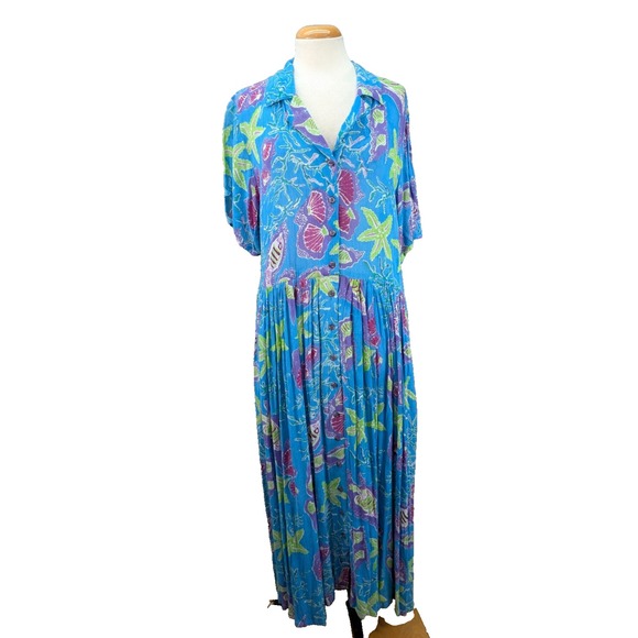 New Aura Button Down Maxi Shirt Dress Floral Pleated Cottage Rayon Blue Sz L NWT
